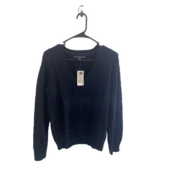Tommy Hilfiger Jackets & Blazers - TOMMY HILFIGER NAVY BLUE CABLE KNIT V-NECK LONG SLEEVE MEDIUM SWEATER